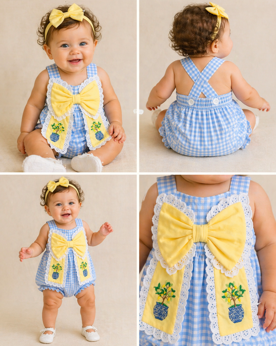 Baby outfit with blue checkered dress and yellow bow, shown from front, back, and side views.