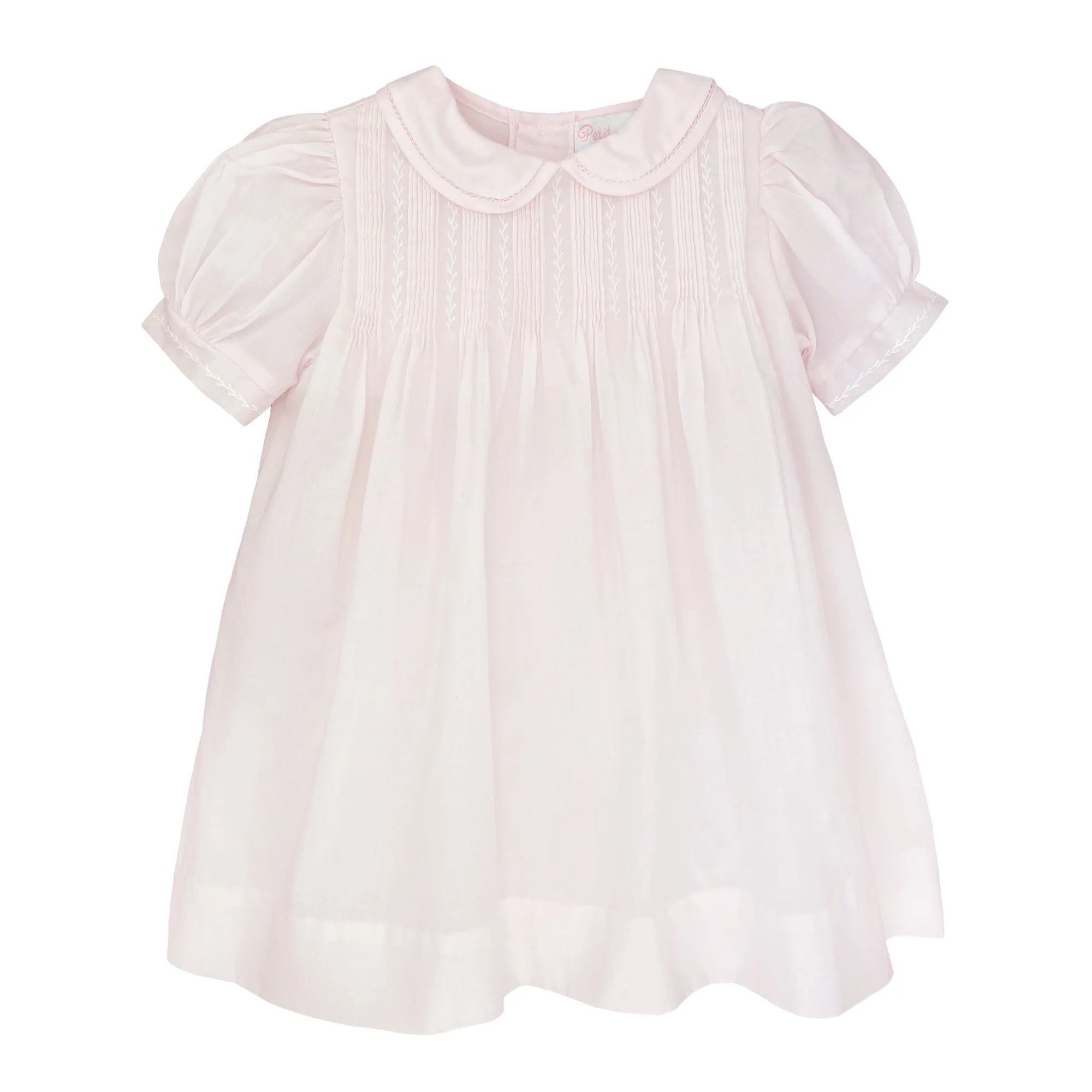 pink heirloom dress with puff sleeves
