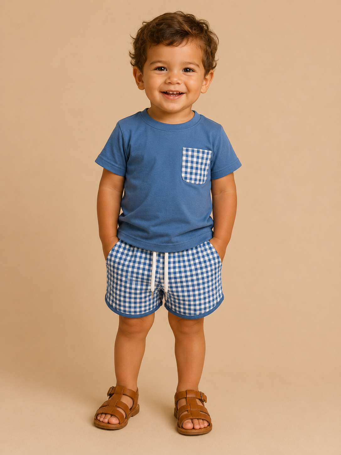 Child wearing a blue shirt with a pocket and checkered shorts on a beige background