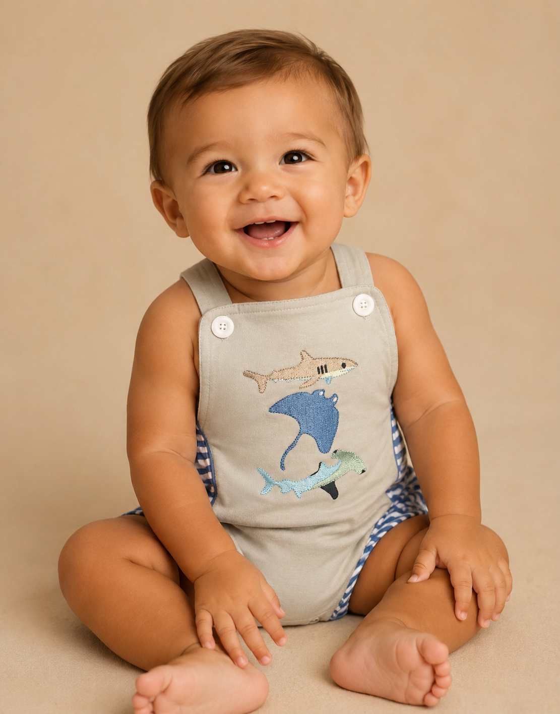 Baby wearing a sleeveless bubble with shark design on a beige background