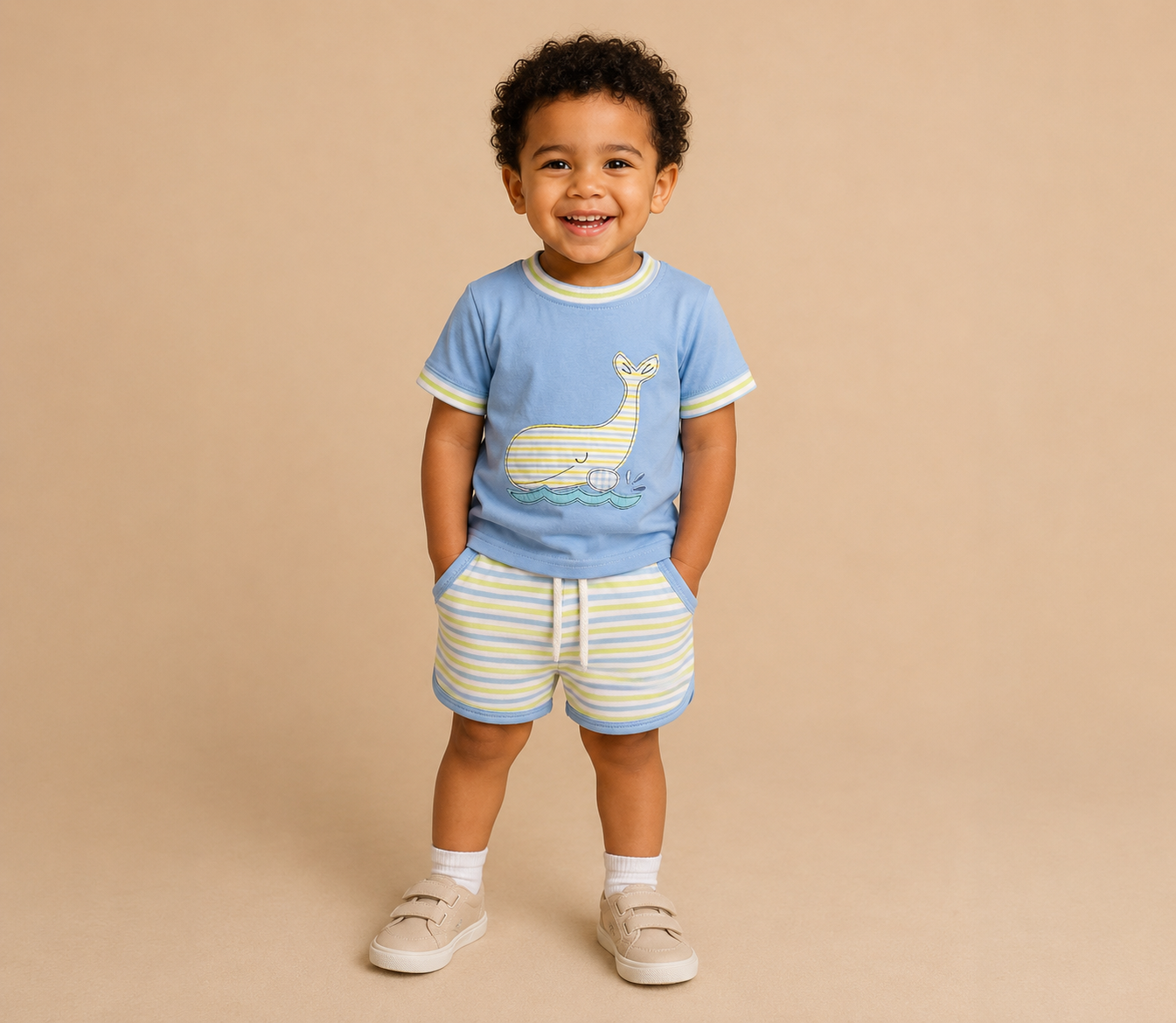 Child wearing a blue shirt with a whale design and striped shorts on a beige background