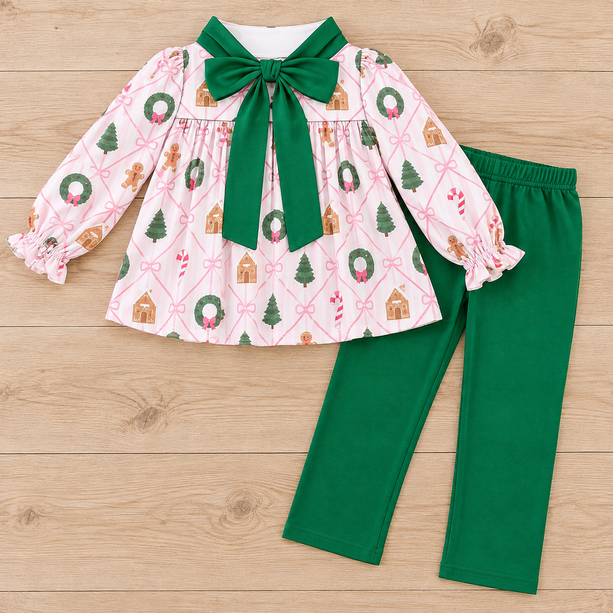 Christmas wreath and gingerbread print shirt with green pants.