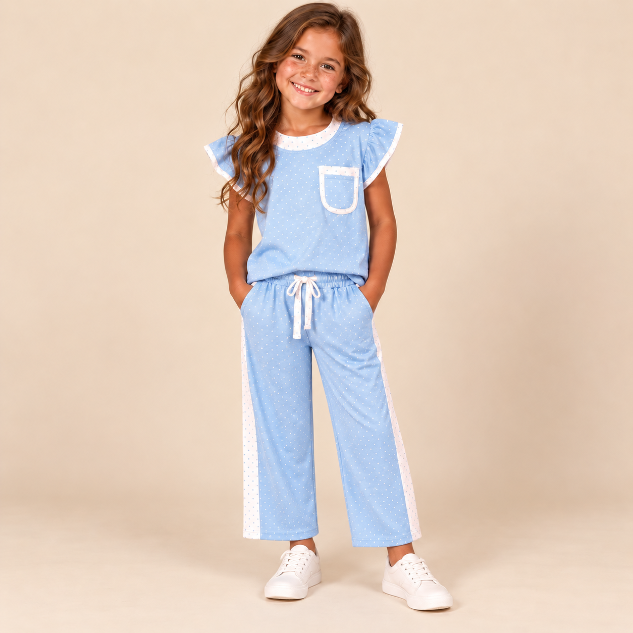 Girl wearing a light blue dotted flutter-sleeve top and matching wide-leg pants with white trim, side panels, and a white waist tie.