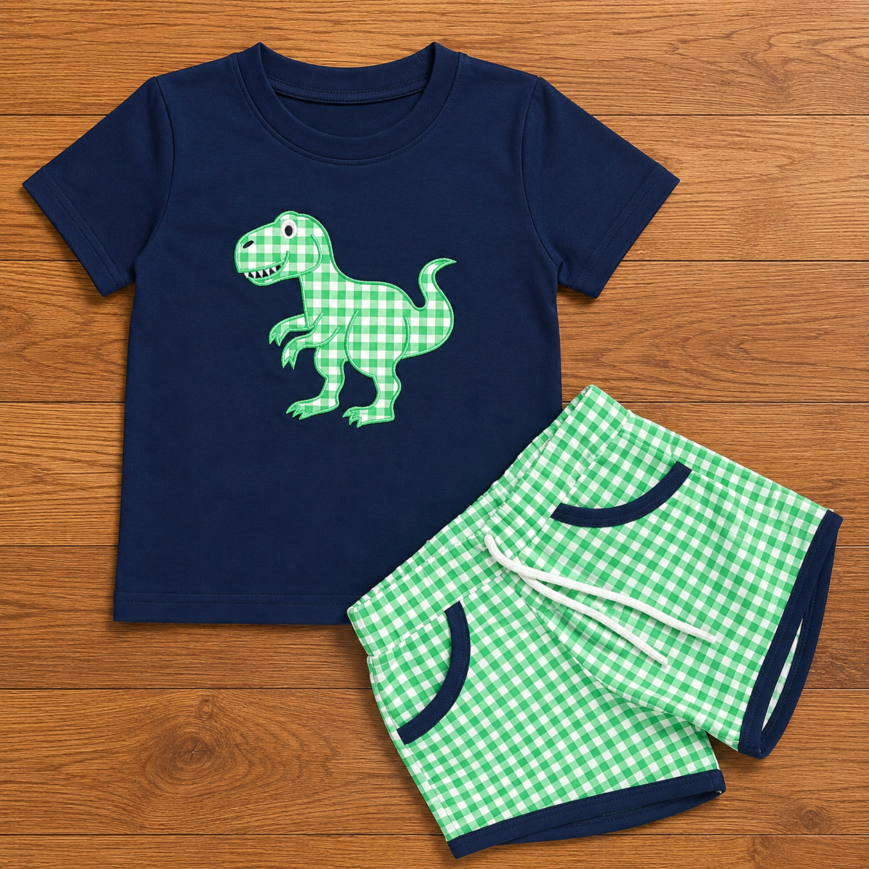 Boys navy dinosaur short set with green gingham T-rex appliqué tee and coordinating green gingham shorts with navy trim, sizes 12/18M-5/6