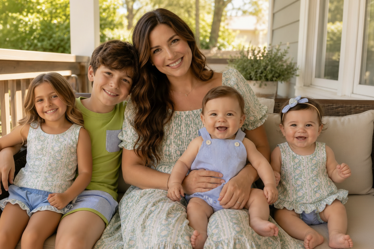 Family porch photo with added girl