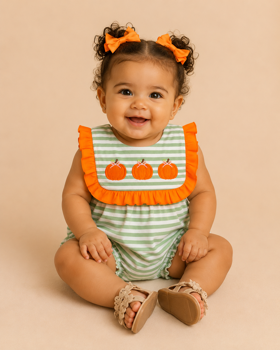 A smiling baby girl sitting on a beige studio background, wearing a green and white striped bubble with an orange ruffled bib collar featuring three orange pumpkins, plus matching orange hair bows and tan sandals.
