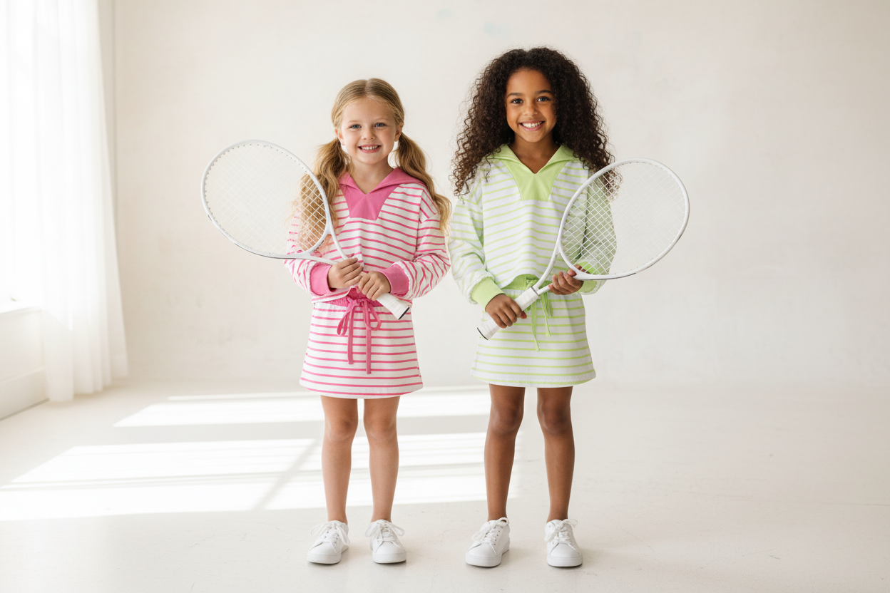 Two girls in a striped skort set with tennis rackets. 