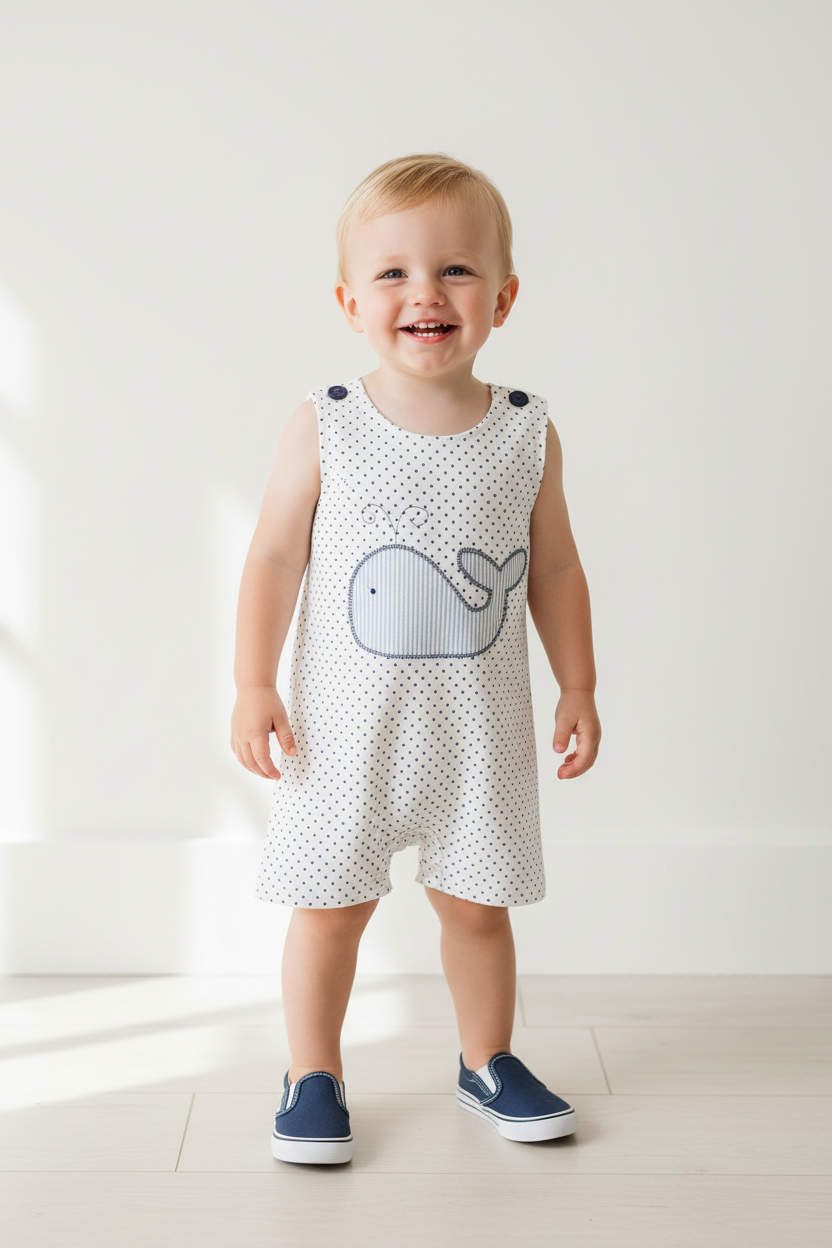 Toddler boy standing with a whale romper.
