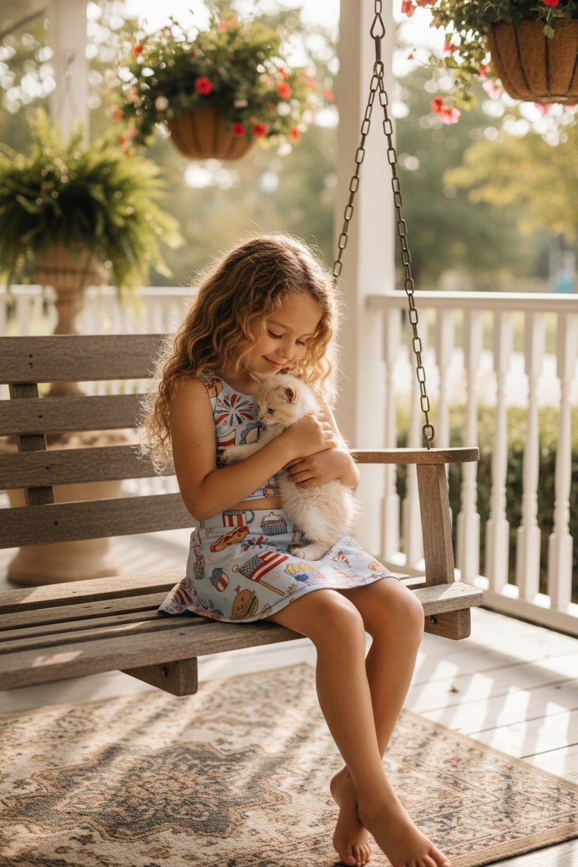 Holding a kitten on the porch