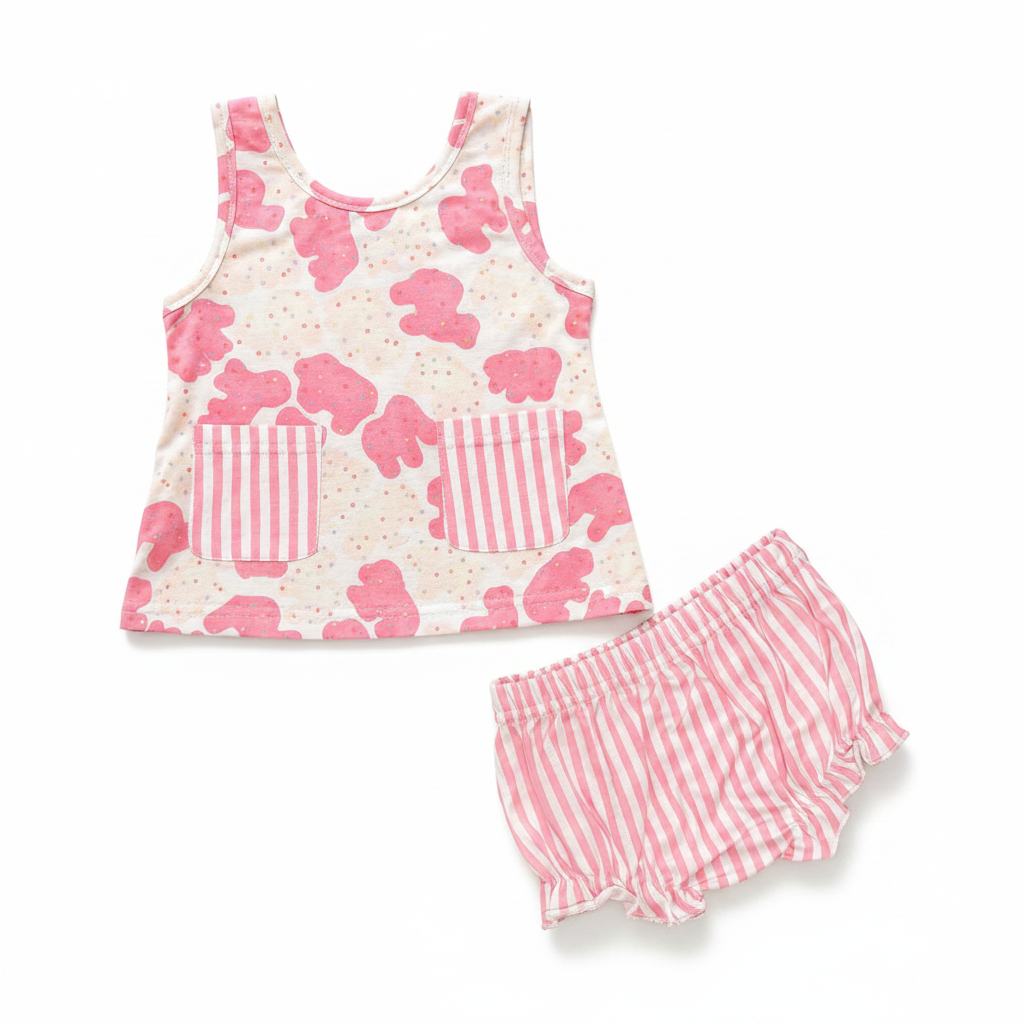 Animal Fun Run Girl Diaper Set pink cow print and stripe boutique flat lay white background
