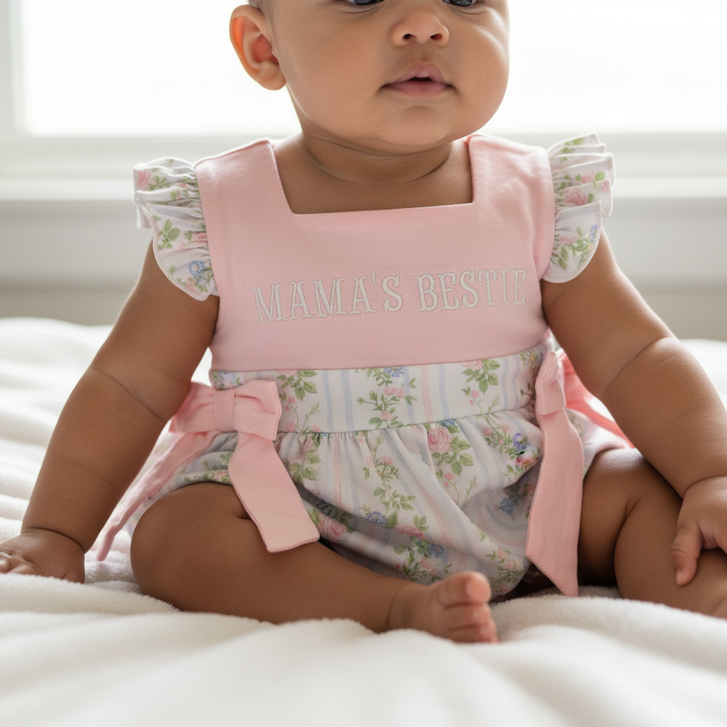 Mama's Bestie Baby Bubble Romper - bodice embroidery and bow detail close-up