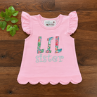 LiL Sis LiL Miss Top - flat lay product photo, pink flutter sleeve toddler top with floral LiL sister appliqué