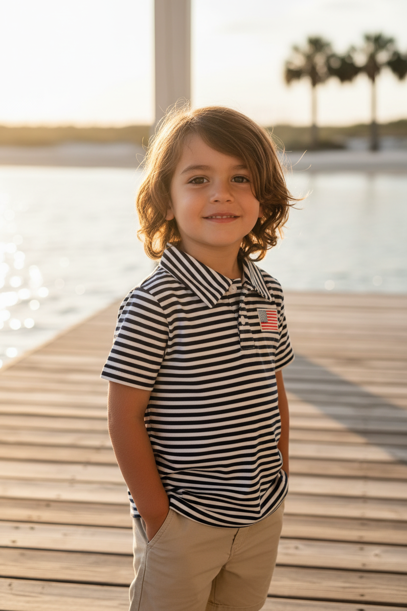 Boy wearing navy stripe flag polo on coastal dock, golden hour