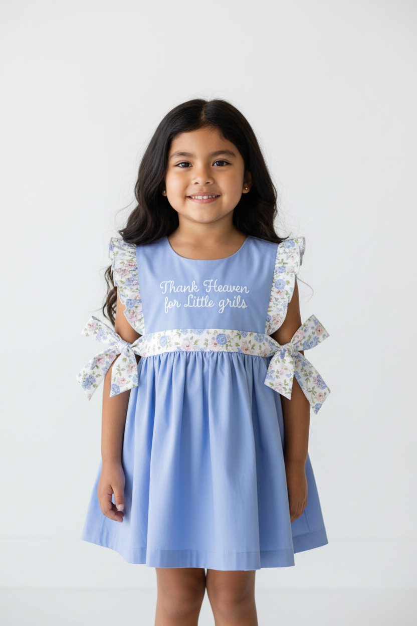 Native American girl wearing Thank Heaven for Little Girls embroidered flutter sleeve dress - front view