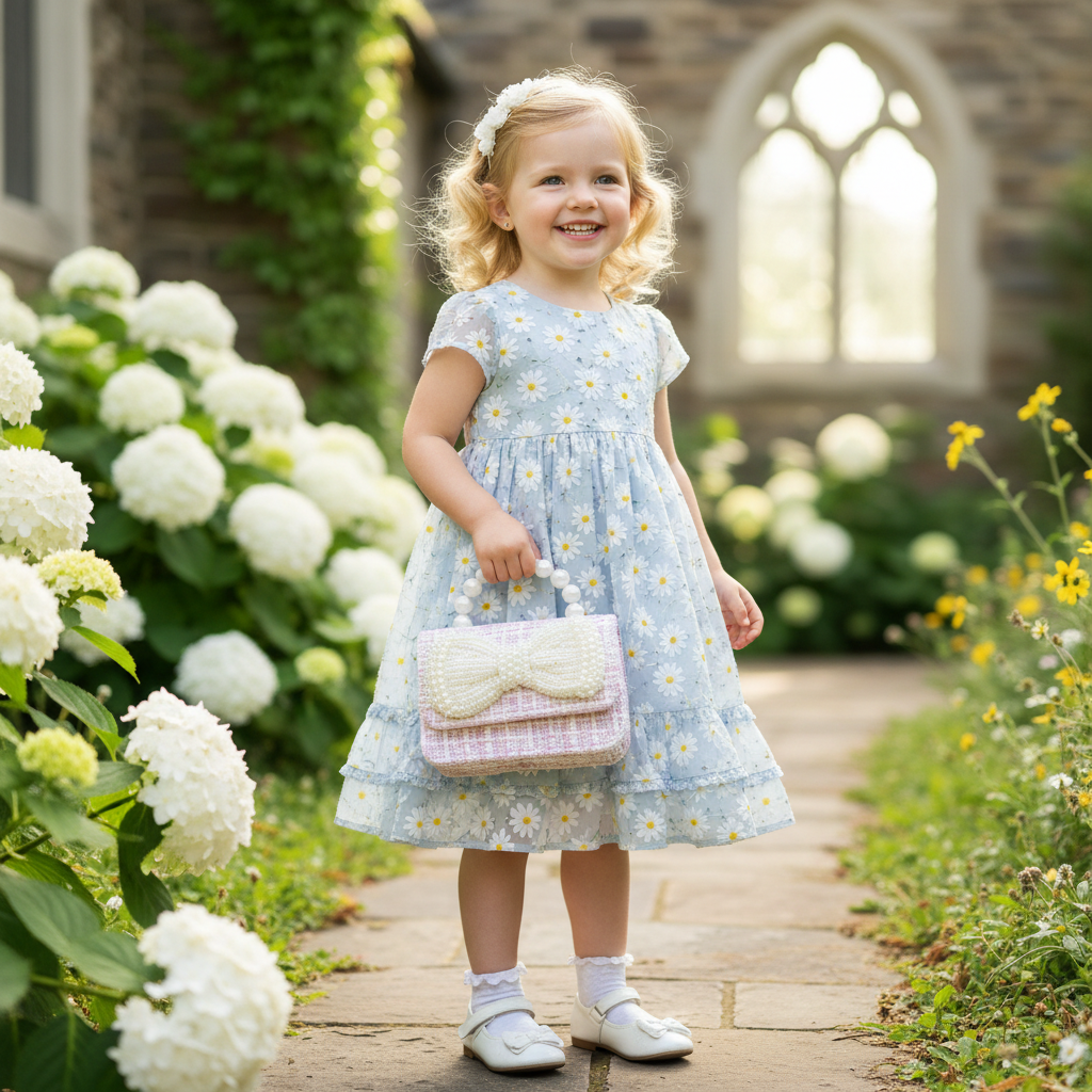 Little girl carrying pink tweed pearl bow purse in spring setting