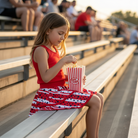 Girl in red racerback tank and navy red polka dot twirl skort sitting on stadium bleachers holding popcorn, golden afternoon light