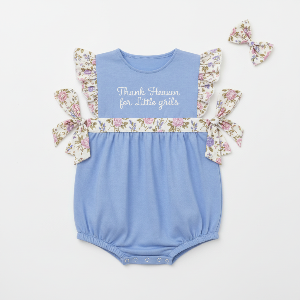 Thank Heaven for Little Girls baby bubble flat lay with floral bow