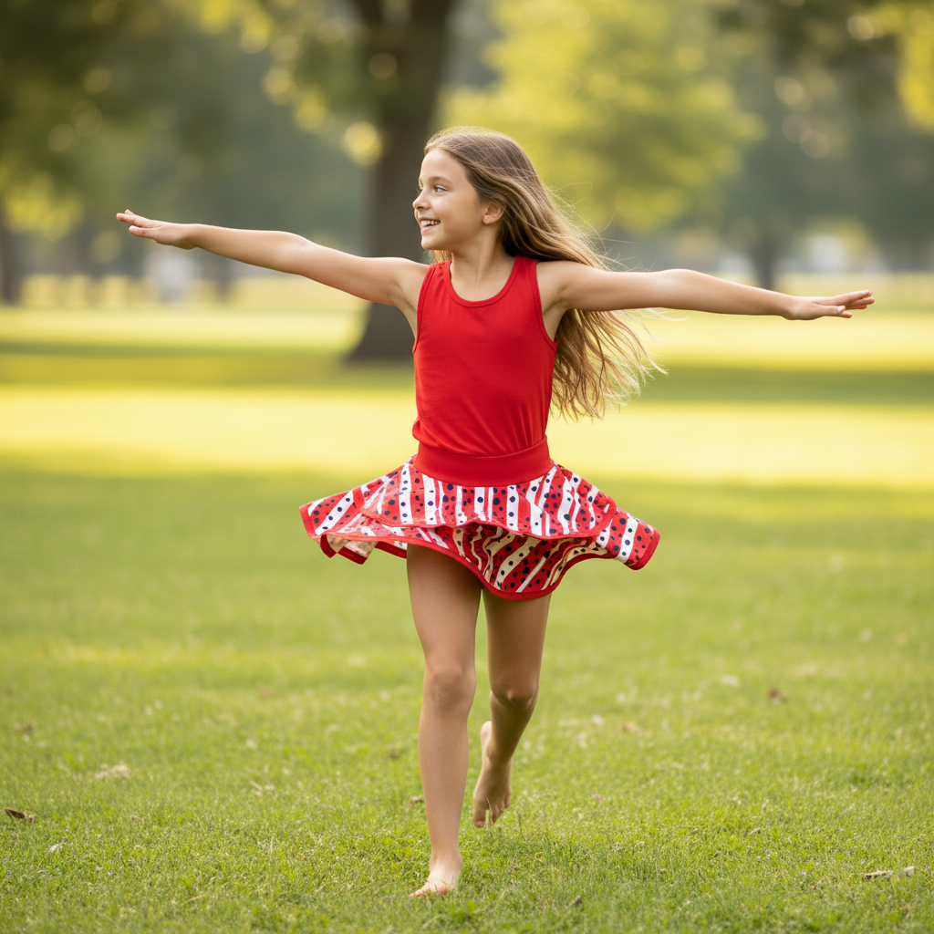 Girl in red racerback tank and navy red polka dot twirl skort running through sunny grassy field with arms out wide, skort twirling