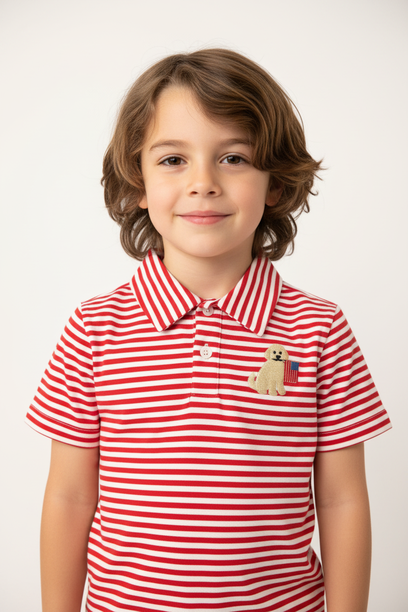 Boys red and white stripe short sleeve polo with embroidered golden retriever holding American flag, white background