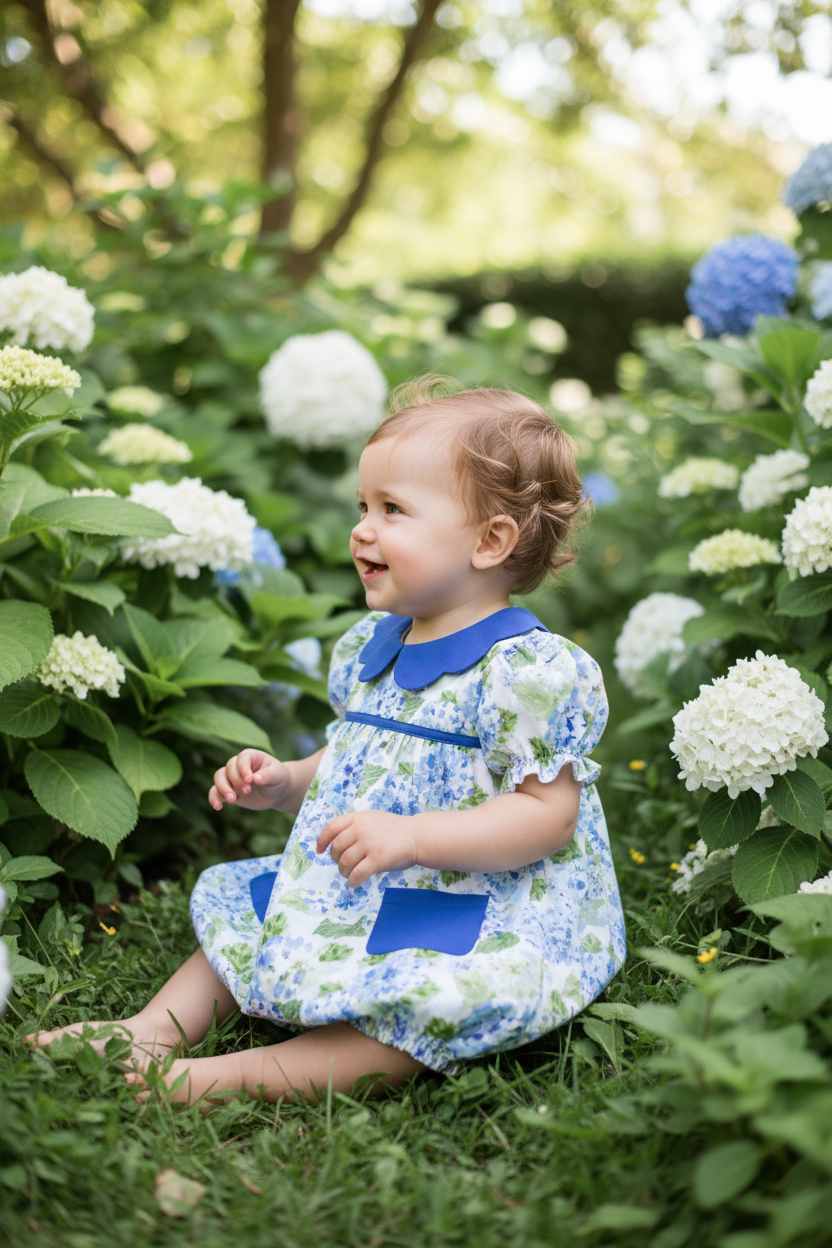 Side profile view of baby girl wearing Ag's Floral Perfection bubble in garden setting