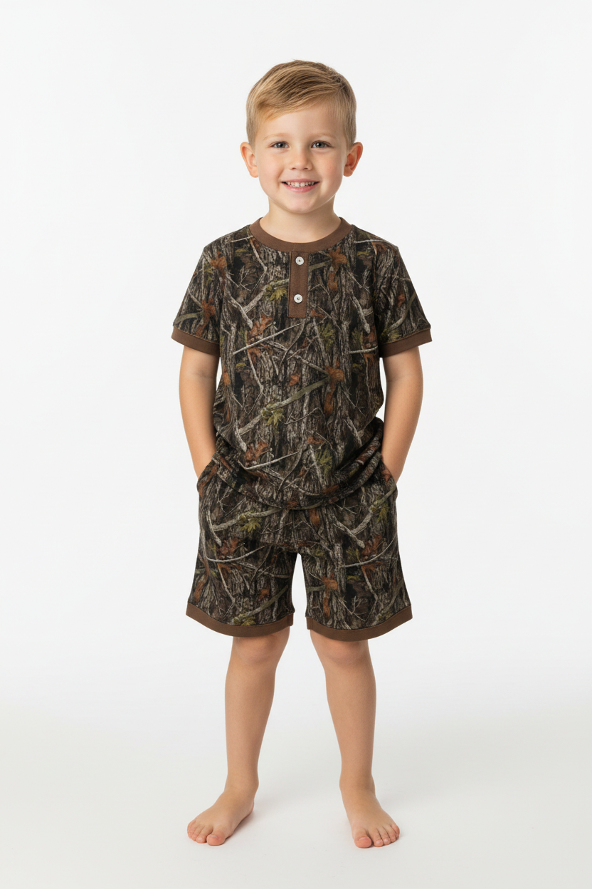 4-year-old boy wearing dark brown camo lounge set - front view