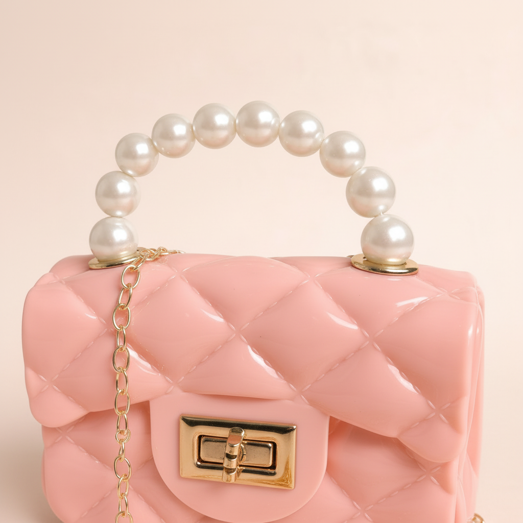 Close-up of pearl handle, quilted texture and gold twist-lock closure