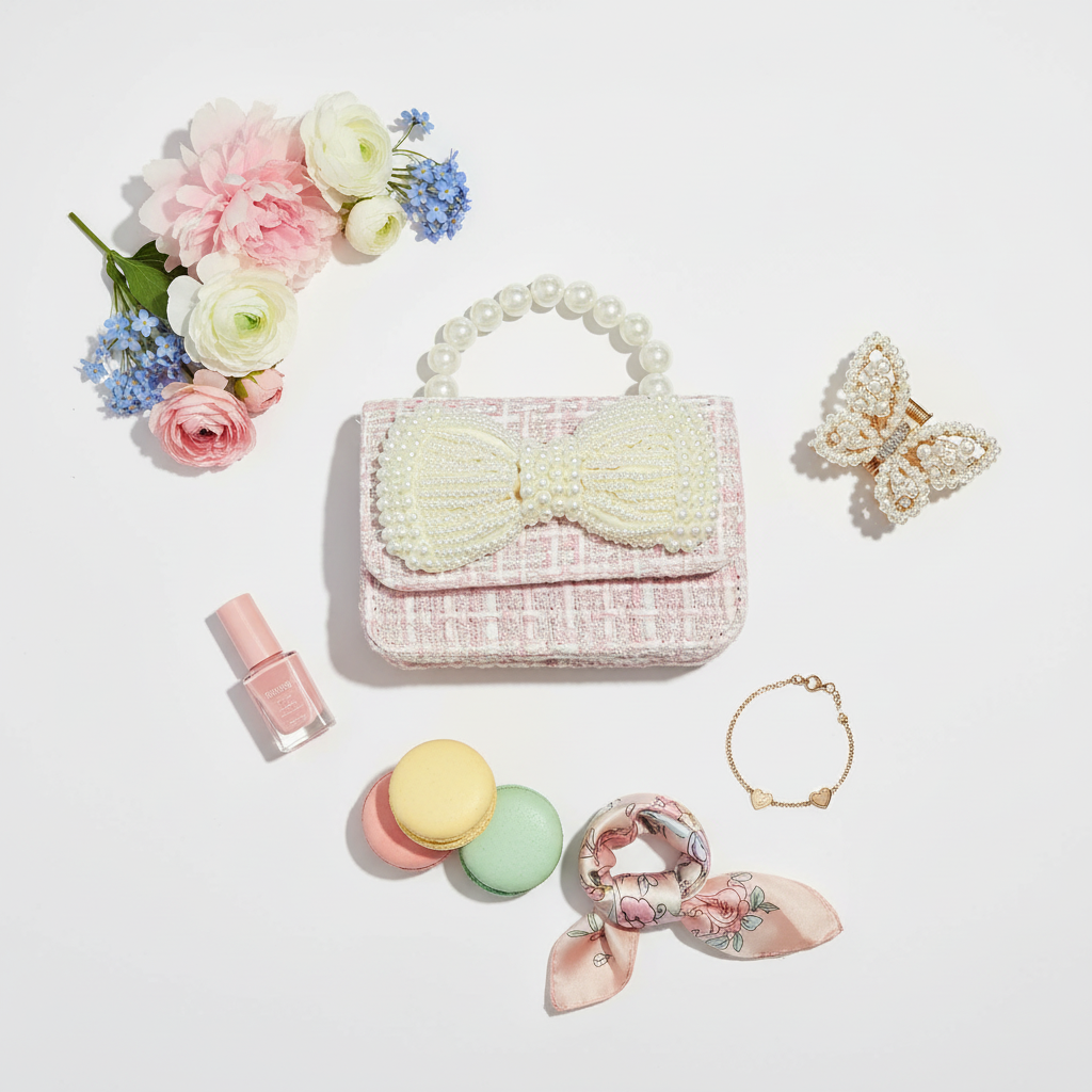 Pink tweed pearl bow purse styled with spring flowers flat lay