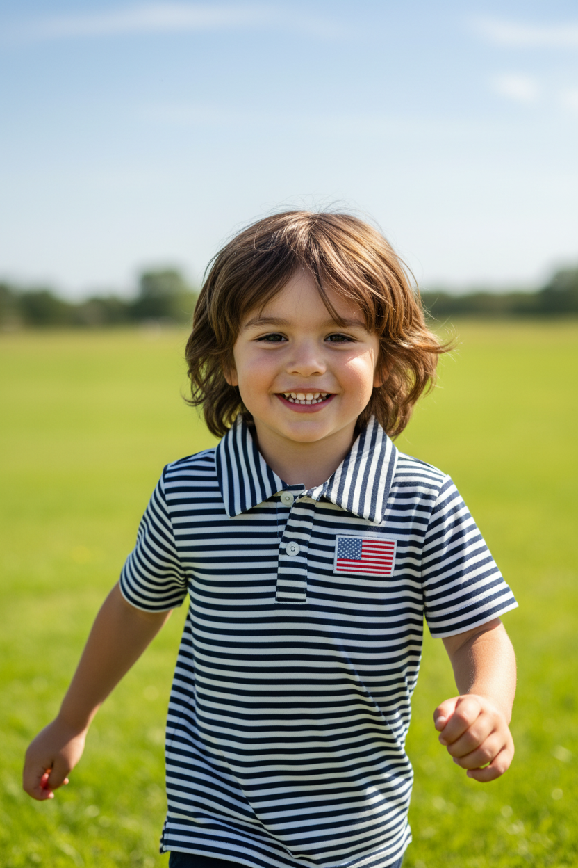 Boy wearing navy stripe polo with American flag patch playing outdoors