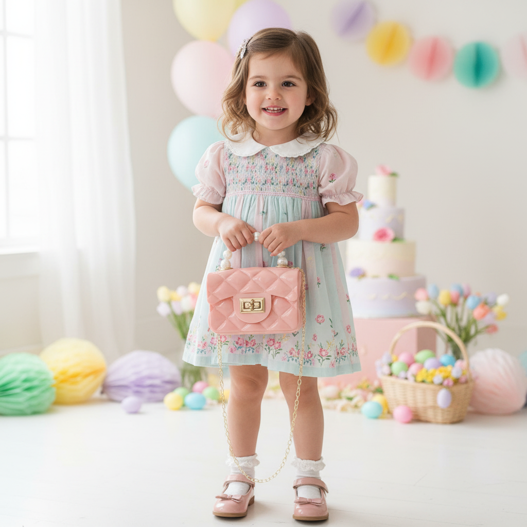 Little girl carrying pink quilted jelly purse with pearl handle