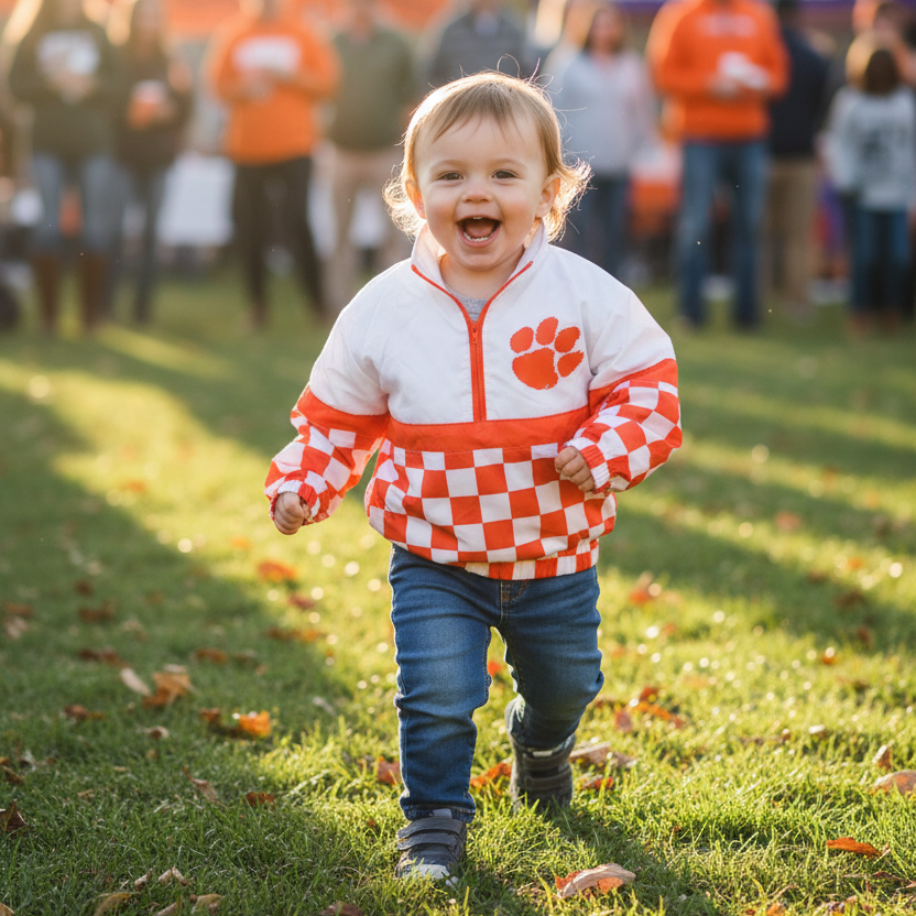 Happy toddler wearing orange and white checkered windbreaker outdoors