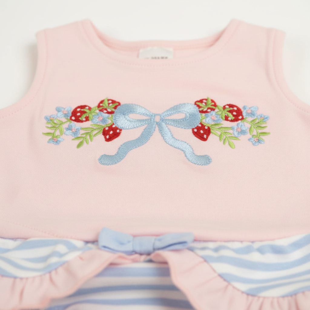 Berry Beautiful Baby Girl Bloomer Set - strawberry embroidery and bow detail close-up
