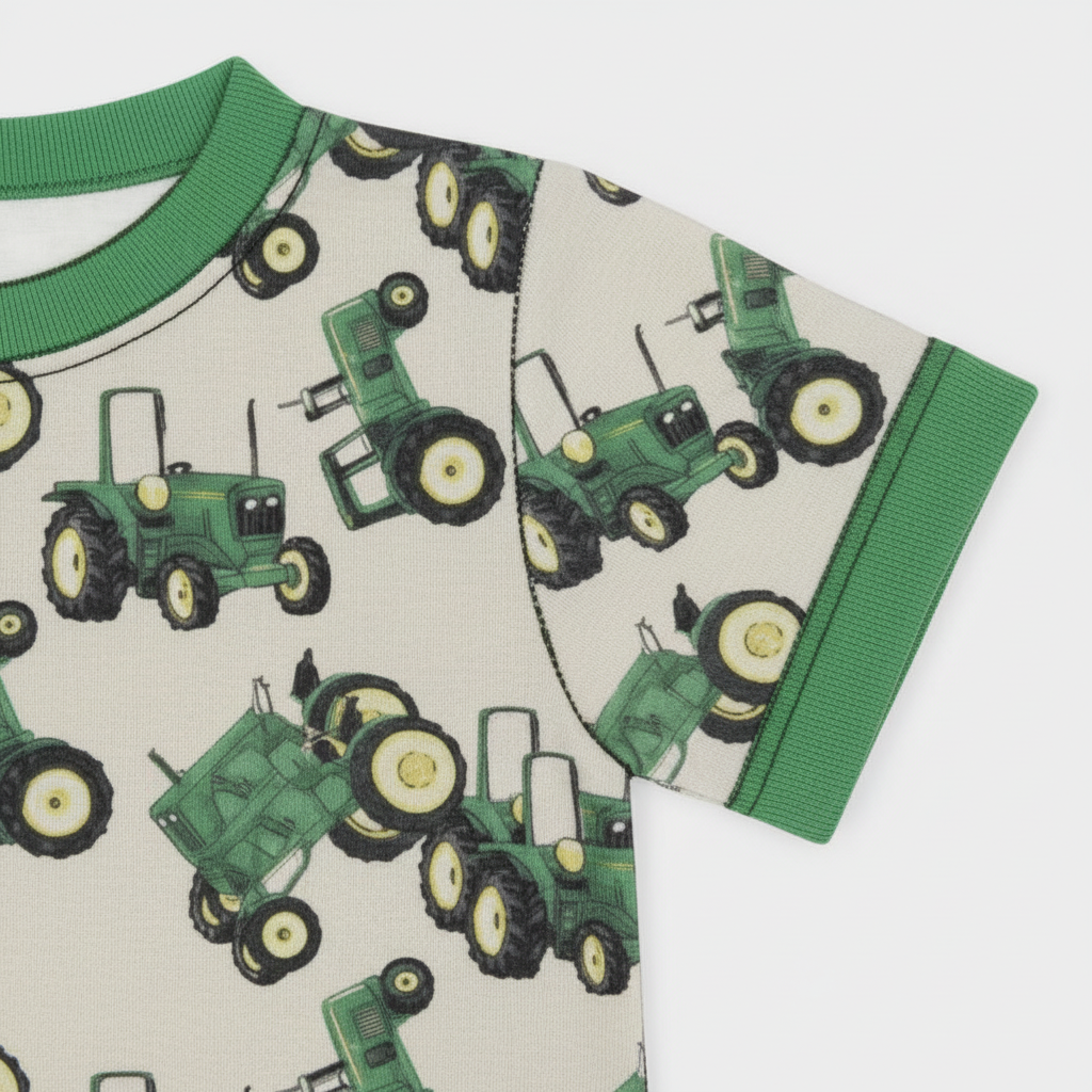 Close-up of farm tractor print and green collar detail
