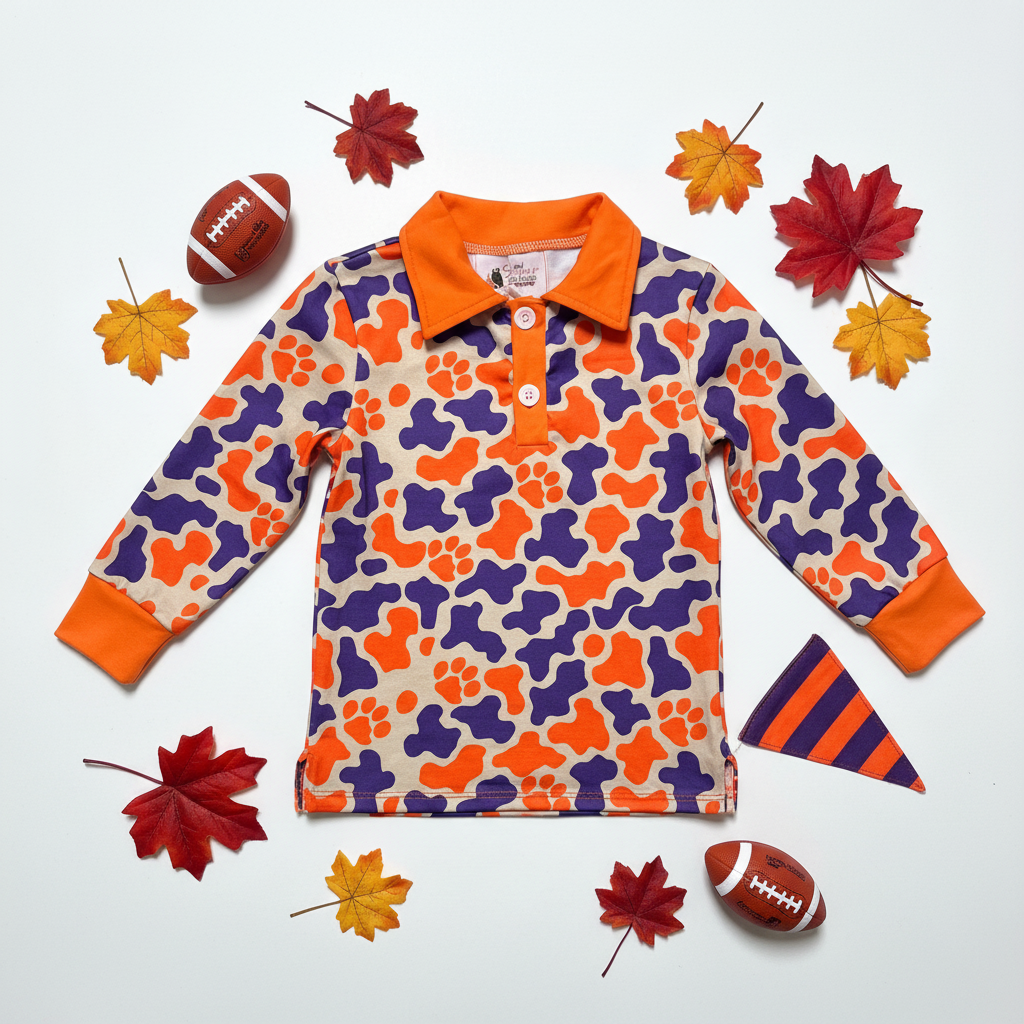 Tiger Cub Polo flat lay styled with football props and pennant flag