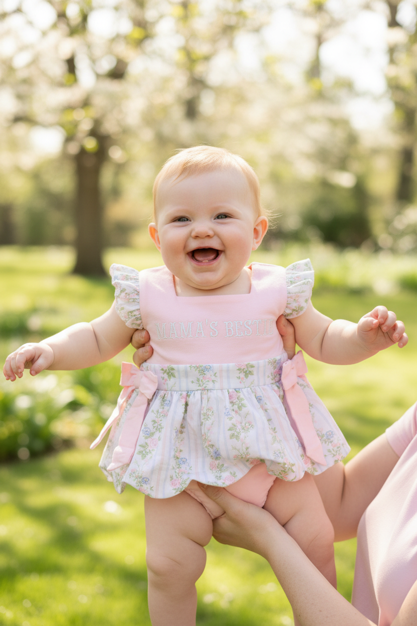 Mama's Bestie Baby Bubble Romper - baby laughing being held outdoors