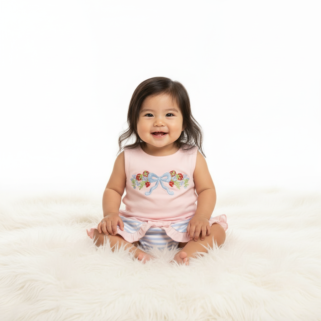 Berry Beautiful Baby Girl Bloomer Set - sitting on white blanket front view