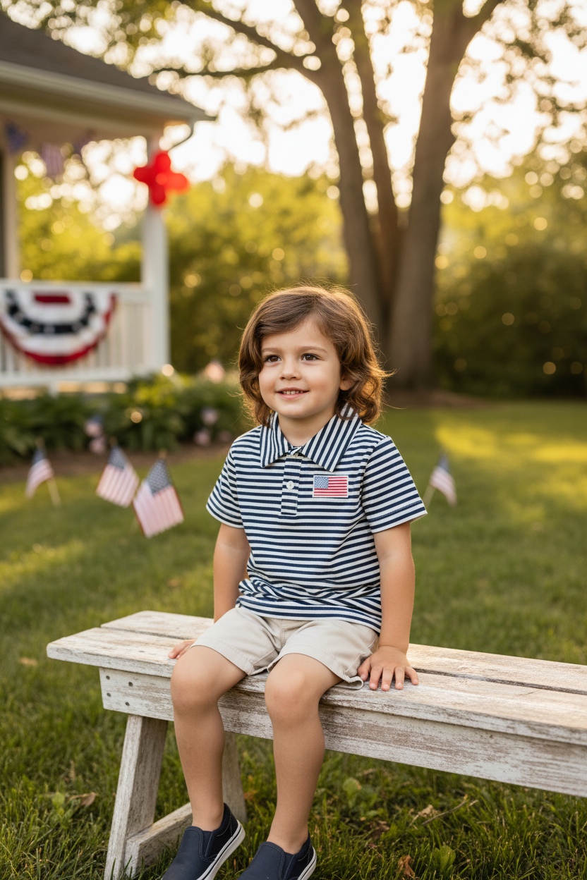 Boy in navy stripe polo sitting on white picket fence, patriotic summer setting