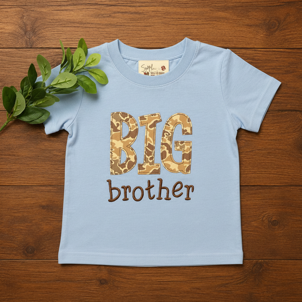 Big Bro Said So Shirt - flat lay product photo, light blue boys tee with camo BIG brother appliqué
