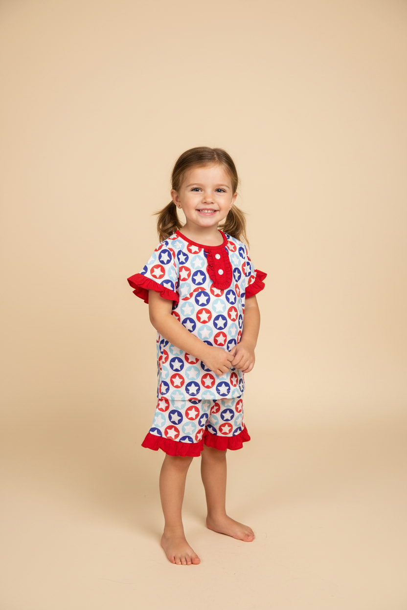 Girl wearing Stars Stripes and Snacks Lounge Set on beige background