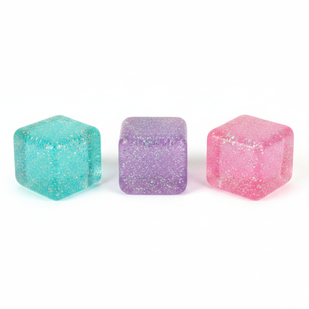 Promo Glitter Cube Squishy in Teal, Purple and Pink