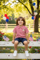 Boy in red stripe patriotic polo sitting on white fence in Fourth of July setting