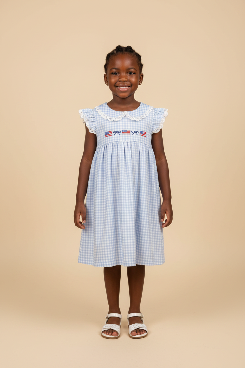 Girl wearing Liberty Lace Dress on beige background
