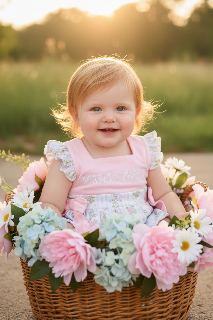 Mama's Bestie Baby Bubble Romper - wicker basket spring florals golden hour
