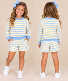 Girls yellow and blue stripe sweatshirt short set, front and back view