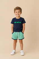 Gator Bites Boy Short Set - navy gator tee and green gingham shorts on toddler boy
