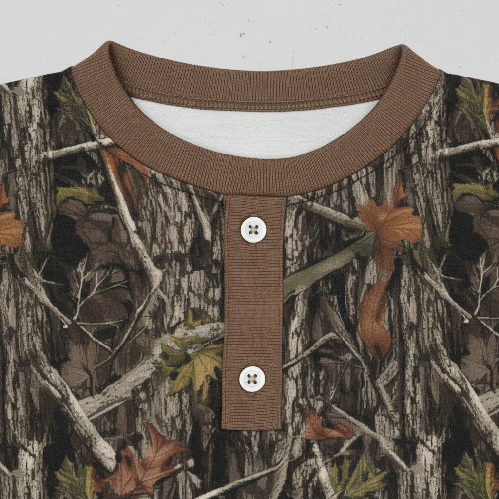Close-up of camo henley collar and button placket detail
