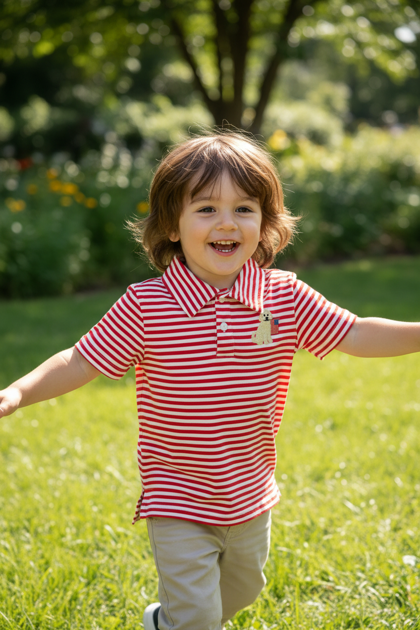 Boy wearing red stripe patriotic dog polo playing outdoors on green grass