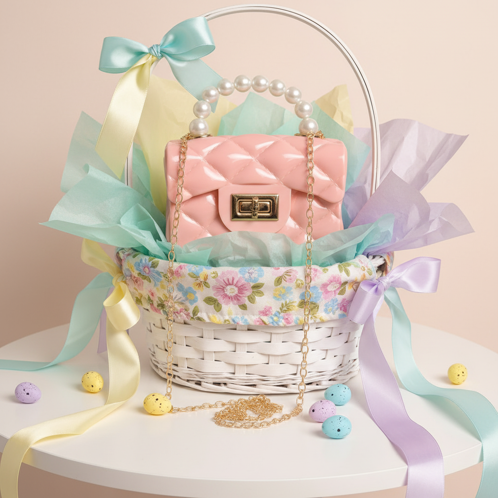Pink purse in Easter basket gift presentation