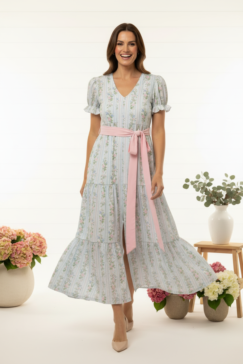 Woman wearing a light blue floral dress with a pink belt, standing in a decorated room with flowers and a vase.