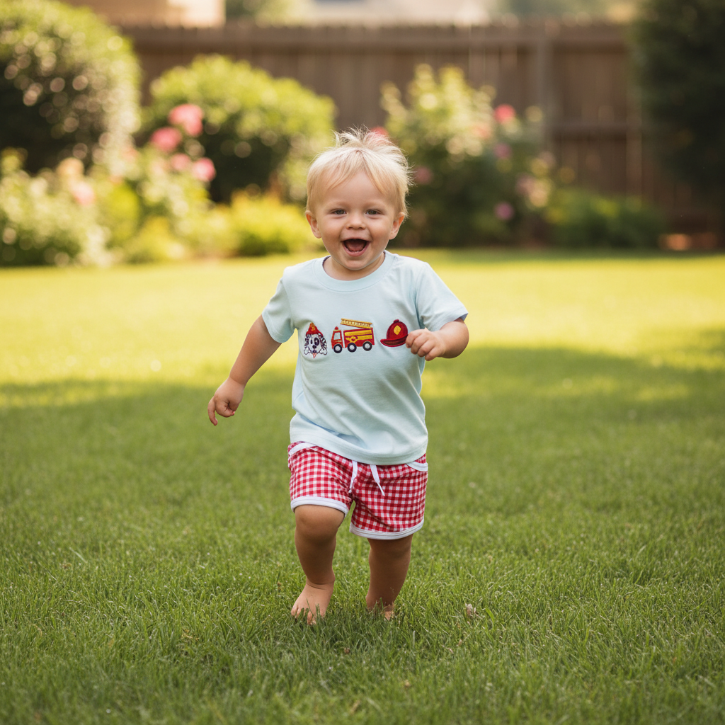 Flame Fighters Short Set lifestyle - toddler boy running in backyard