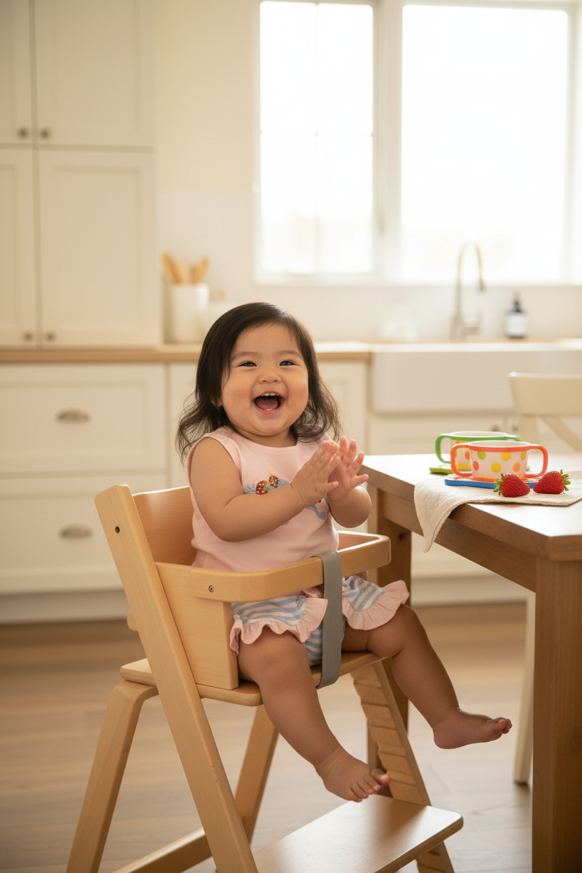 Berry Beautiful Baby Girl Bloomer Set - baby laughing in high chair lifestyle